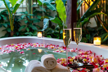 
romantic bubble bath for two with tropical flowers petals and candle lights. two glasses of champagne in the foreground