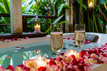 
romantic bubble bath for two with tropical flowers petals and candle lights. two glasses of champagne in the foreground