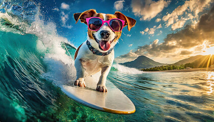 Dog surfing on a wave on ocean, sea on summer, vacation holidays concept - obrazy, fototapety, plakaty