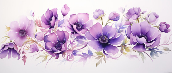 A watercolor painting of purple flowers on a white background