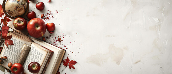 A white background with books apples and a globe.  - Powered by Adobe