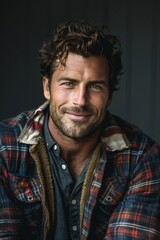 Obraz premium Handsome smiling, happy and pleased stoic man with positive vibes. Portrait of a joyful young man with beautiful hair and fashionable clothes.