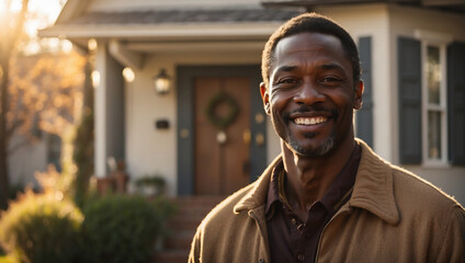 Herzliches Lächeln eines glücklichen Mannes vor seinem Zuhause im Sonnenlicht - obrazy, fototapety, plakaty