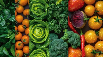 Promote your vegetables with a vibrant poster featuring a variety of vegetables! Against a backdrop of lush green and soft yellow panels. Crispy lettuce takes center stage with peppers, carrots, brocc