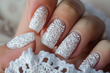 White lace themed nail designs. Nail manicure for weddings