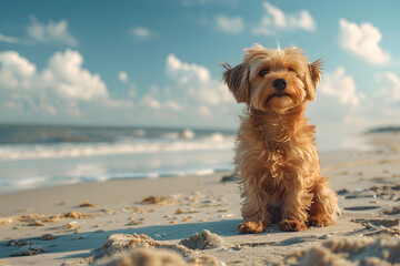 A summer beach background with copy space and a cute dog 2