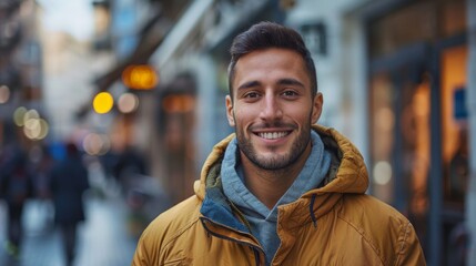 Fototapeta premium Handsome smiling, happy and pleased stoic man with positive vibes. Portrait of a joyful young man with beautiful hair and fashionable clothes.