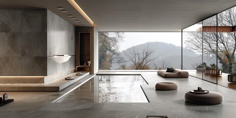 interior design house, minimalist, modern with internal pool - obrazy, fototapety, plakaty