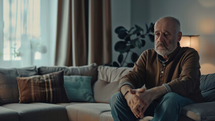 Pensive elderly man sitting alone on a couch in a quiet room.