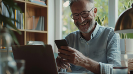 Joyful senior man with glasses engaging with technology on his smartphone. - obrazy, fototapety, plakaty