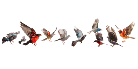 A variety of colourful birds fly in the air on a transparent background