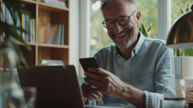 Joyful senior man with glasses engaging with technology on his smartphone.
