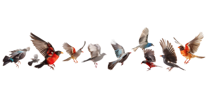 A variety of colourful birds fly in the air on a transparent background - Powered by Adobe