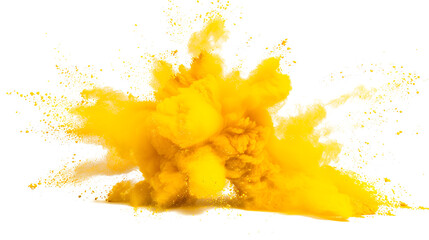 yellow powder explosion cloud isolated on white background - obrazy, fototapety, plakaty