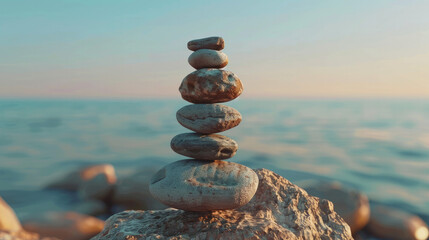 Concept of harmony and balance. Balance stones against the sea. Rock zen in the form of scales. Generative AI - obrazy, fototapety, plakaty