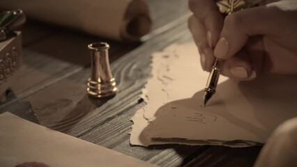 Antique female writing with old feather pen. Woman in renaissance dress writing a love letter with vintage quill pen on old parchment papers sheet.