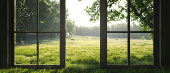A window with a view of a grassy field and trees. ..
