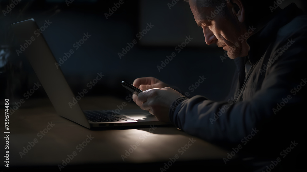 Poster man using mobile phone in front of computer