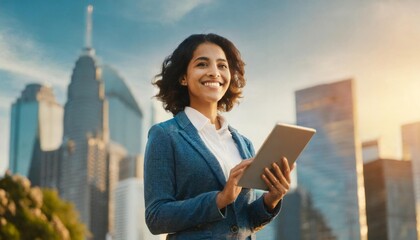 Fototapeta premium An Asian female leader stands tall on the bustling city streets. As a skilled manager, she seamlessly utilizes digital tools on her tablet, symbolizing adaptability in the modern business landscape. 