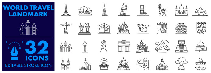 Fototapeta premium World Travel Tour Concept Editable Stroke icon sets. Famous Culture Landmark, Cities ancient Monuments, Tourism Countries.
