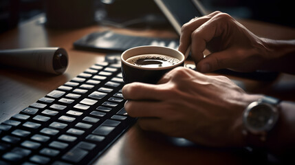 Fototapeta na wymiar Manual typing on the keyboard with a cup of coffee