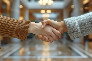 A close-up of hands exchanging a firm handshake in a modern office lobby, symbolizing a successful business deal. Concept of partnership and collaboration. Generative Ai.