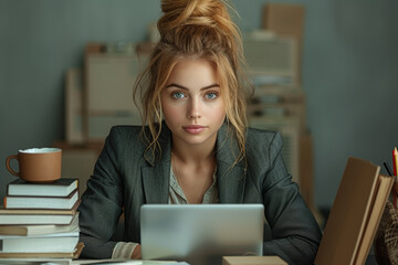 A businesswoman multitasking with a laptop, smartphone, and tablet, highlighting the need for versatility in modern business. Concept of multitasking proficiency. Generative Ai.