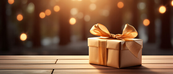 A wrapped gift box with a bow on a wooden table. .. - Powered by Adobe