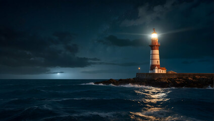 A dramatic photorealistic seascape featuring a lighthouse standing tall against the dark night sky, guiding ships safely to shore