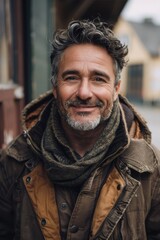 Obraz premium Handsome smiling, happy and pleased stoic man with positive vibes. Portrait of a joyful young man with beautiful hair and fashionable clothes.