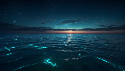 A mesmerizing photorealistic seascape capturing the beauty of bioluminescent plankton lighting up the water's surface at night - obrazy, fototapety, plakaty