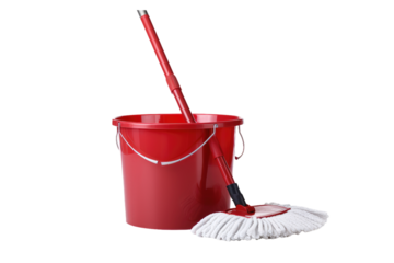 Red Bucket With Mop and White Mop. on a White or Clear Surface PNG Transparent Background.