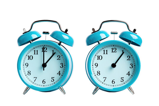 Two Blue Alarm Clocks Next to Each Other. on a White or Clear Surface PNG Transparent Background.