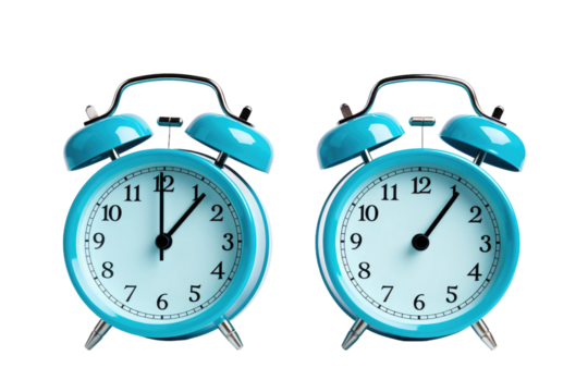 Two Blue Alarm Clocks Next to Each Other. on a White or Clear Surface PNG Transparent Background.