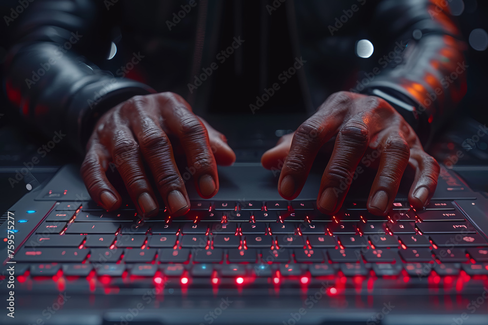 Poster a close-up of hands typing on a sleek laptop keyboard, symbolizing productivity and efficiency in th