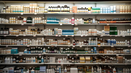 medicine on the shelves of a pharmacy