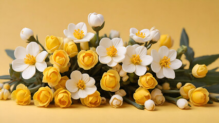 Beautiful white flowers in photo on yellow Background with empty space beside for your text. generative AI