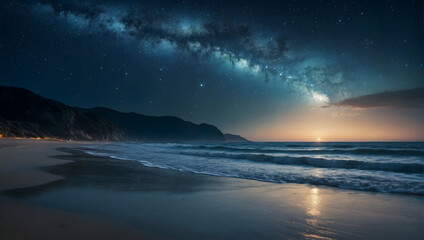 A tranquil beach scene at night, with gentle waves crashing against the shore under the shimmering light of the stars