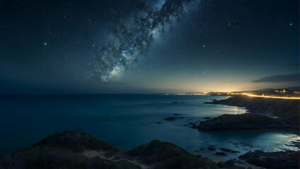 A tranquil coastal inlet at night, with the lights of coastal towns twinkling in the distance under a canopy of stars