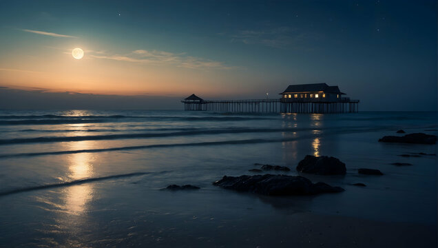 A stunning beach scene bathed in the soft glow of moonlight, with the silhouette of a lone pier stretching out into the ocean