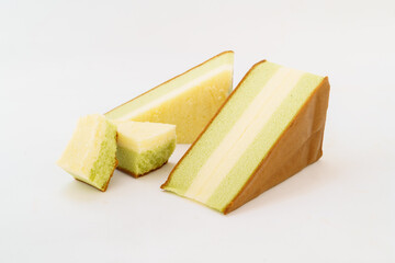 Matcha sandwich cake on white background