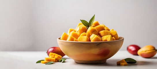 a mango and a slice of mangoFresh healthy mango on the wood table with sun light. Created using generative AI.