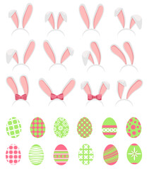 Happy Easter concept design, story template and banner set with bunny ears and Easter eggs. Hare ears. Cartoon easter rabbit or bunny ears band for costume design. Illustration isolated on white