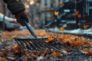 A person wielding a rake to gather fallen leaves and debris, maintaining a tidy garden space. Concept of yard cleanup.  Generative Ai.