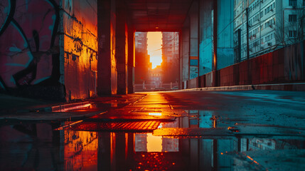 Sunset Cityscape with Urban Graffiti and Reflections