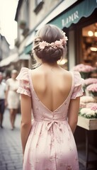 Naklejka premium Beautiful lady in a light pink dress back view