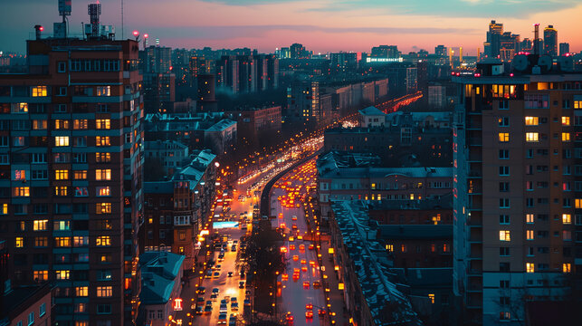 Twilight Cityscape with Traffic Trails