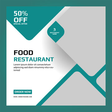 Fast food restaurant business marketing social media post or web banner template design with abstract background, logo and icon. Fresh pizza, burger & pasta online sale promotion flyer or poster