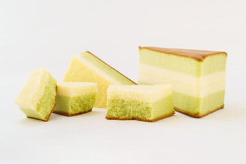Matcha sandwich cake on white background