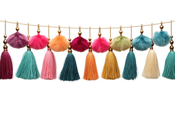 Array of Tassels Hanging on a String. on a White or Clear Surface PNG Transparent Background.